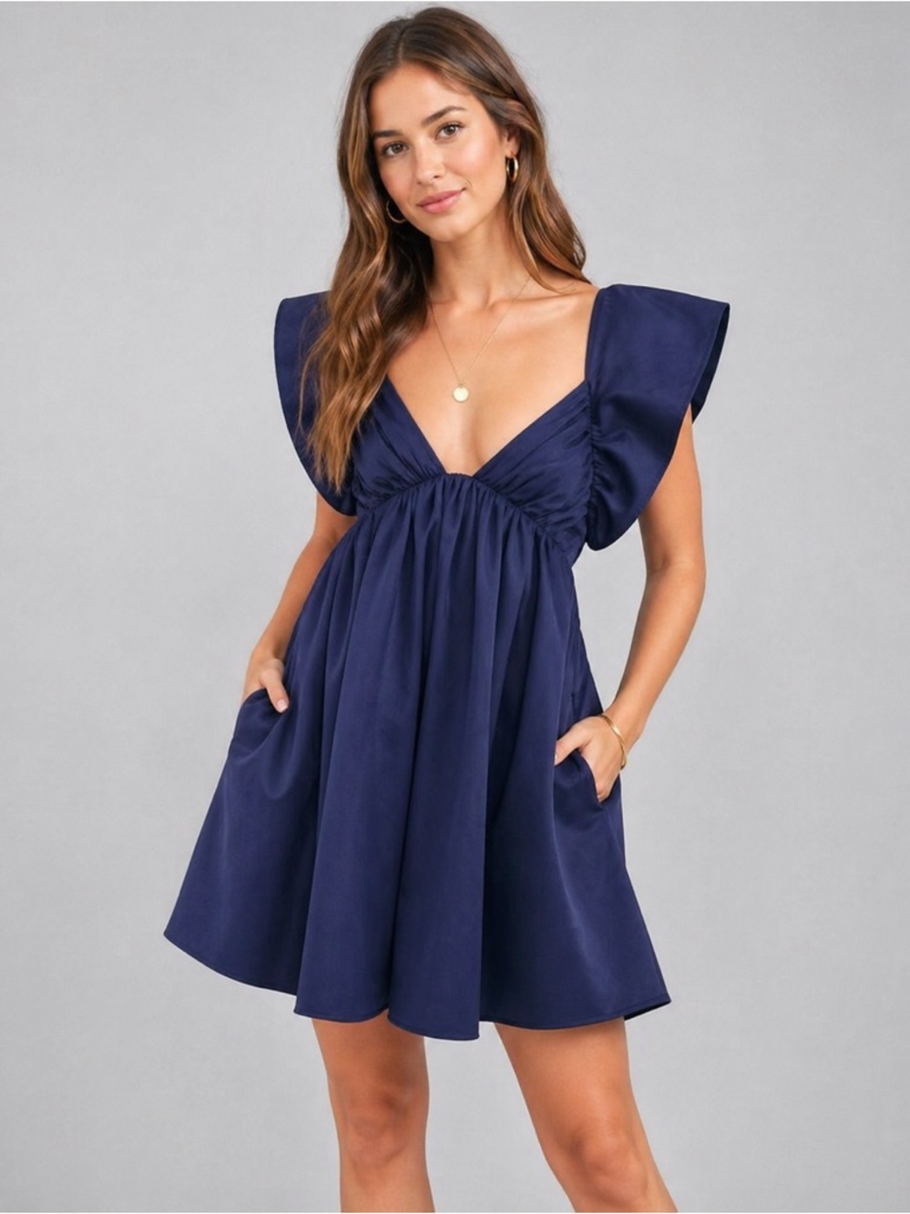 For Love And Lemons Navy Blue Flutter-Sleeve Mini Dress